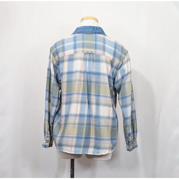 Vintage 90s Blouse Blue Pink Green Flannel Plaid Denim Collar Size Petite Small - Picture 4 of 7